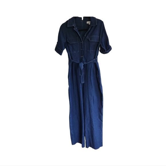 Vintage Denim Jumpsuit Romper With Short Sleeve And Wide Leg - Picture 3 of 6